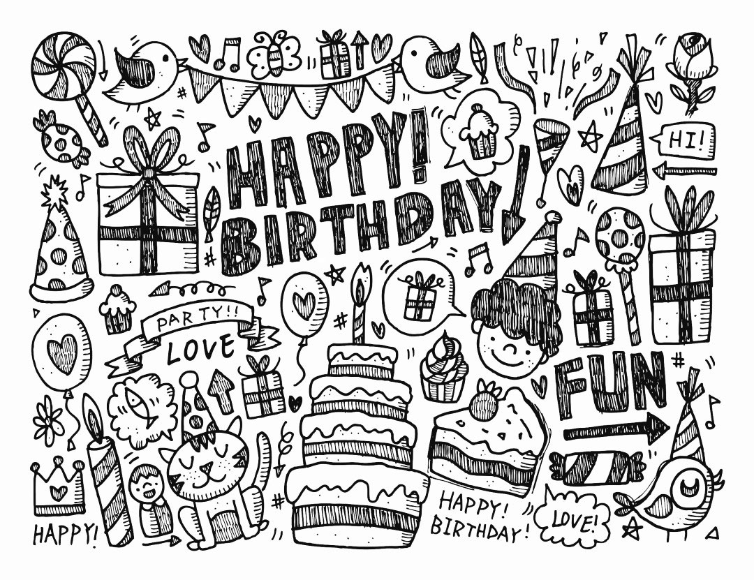 printable doodle birthday cards to color